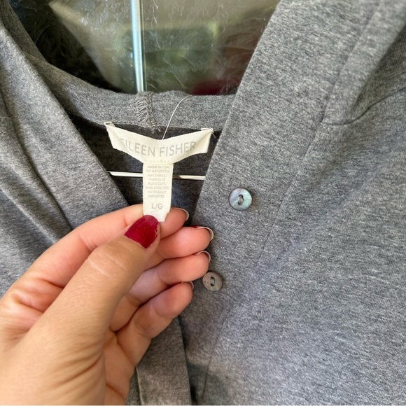 Eileen fisher large gray 1/4 button hooded split seam high low tunic cotton - Picture 4 of 8